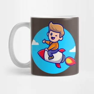 Cute Boy Riding Rocket Cartoon Illustration Mug